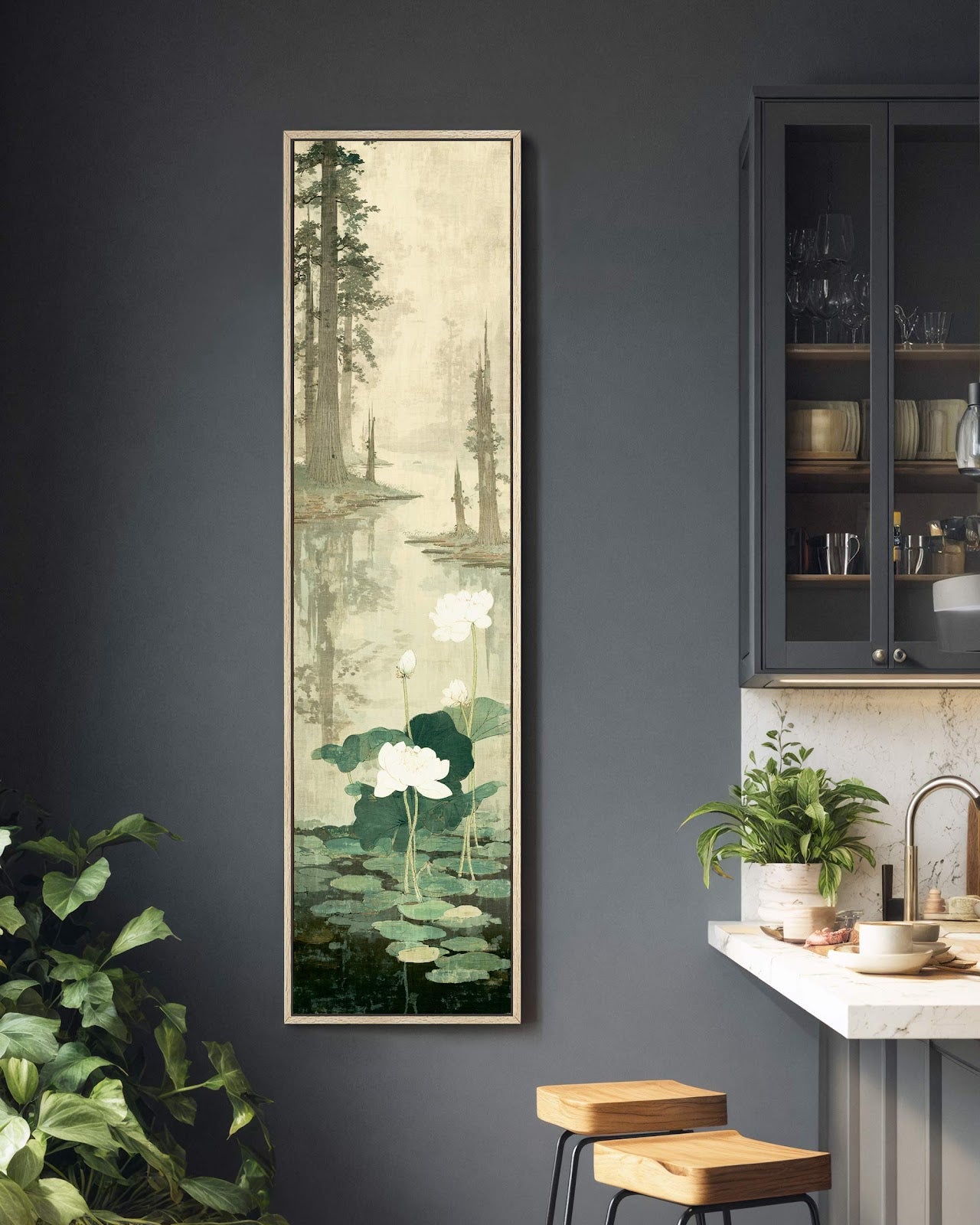 Vertical canvas wall art in interior setting.