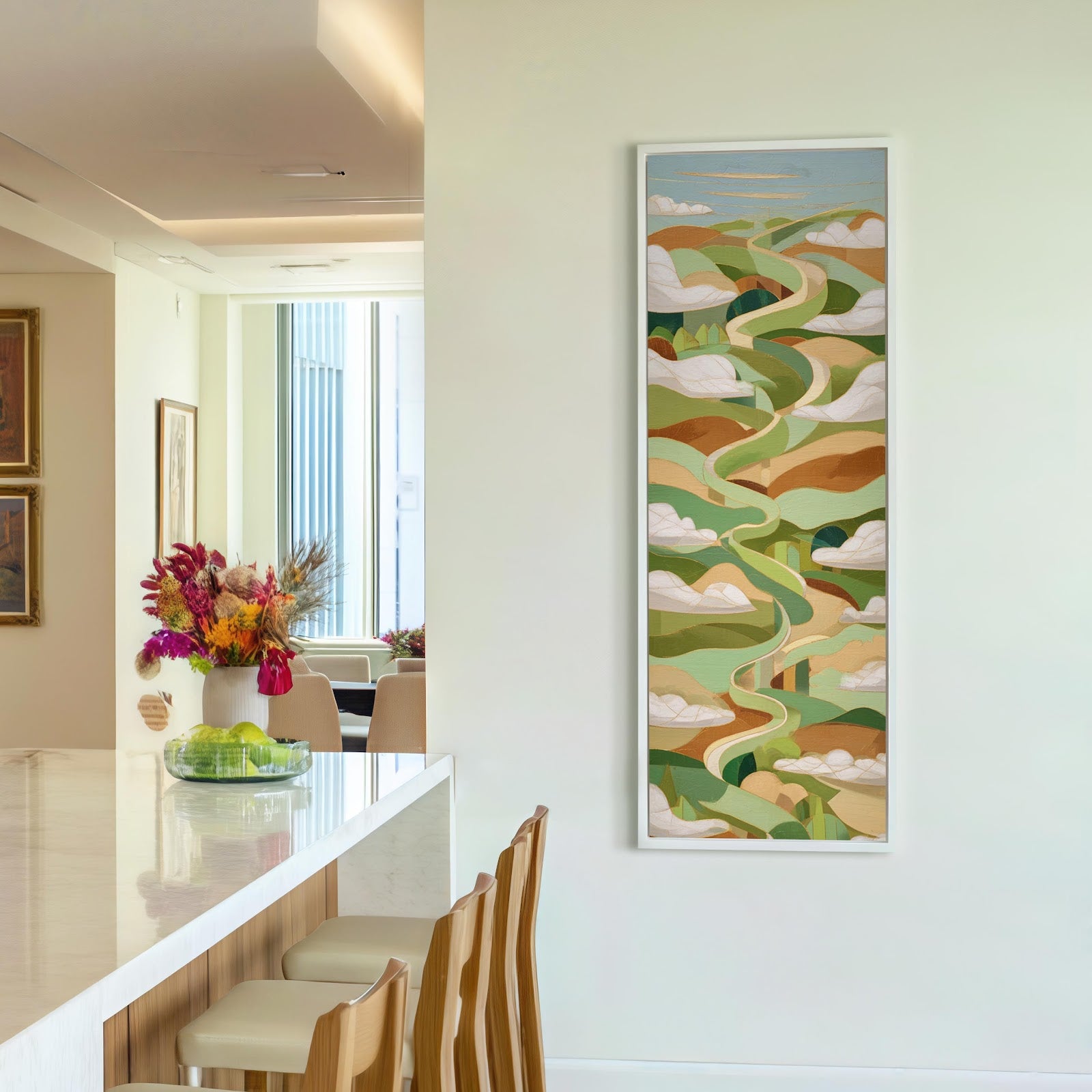 Vertical canvas wall art in interior setting.