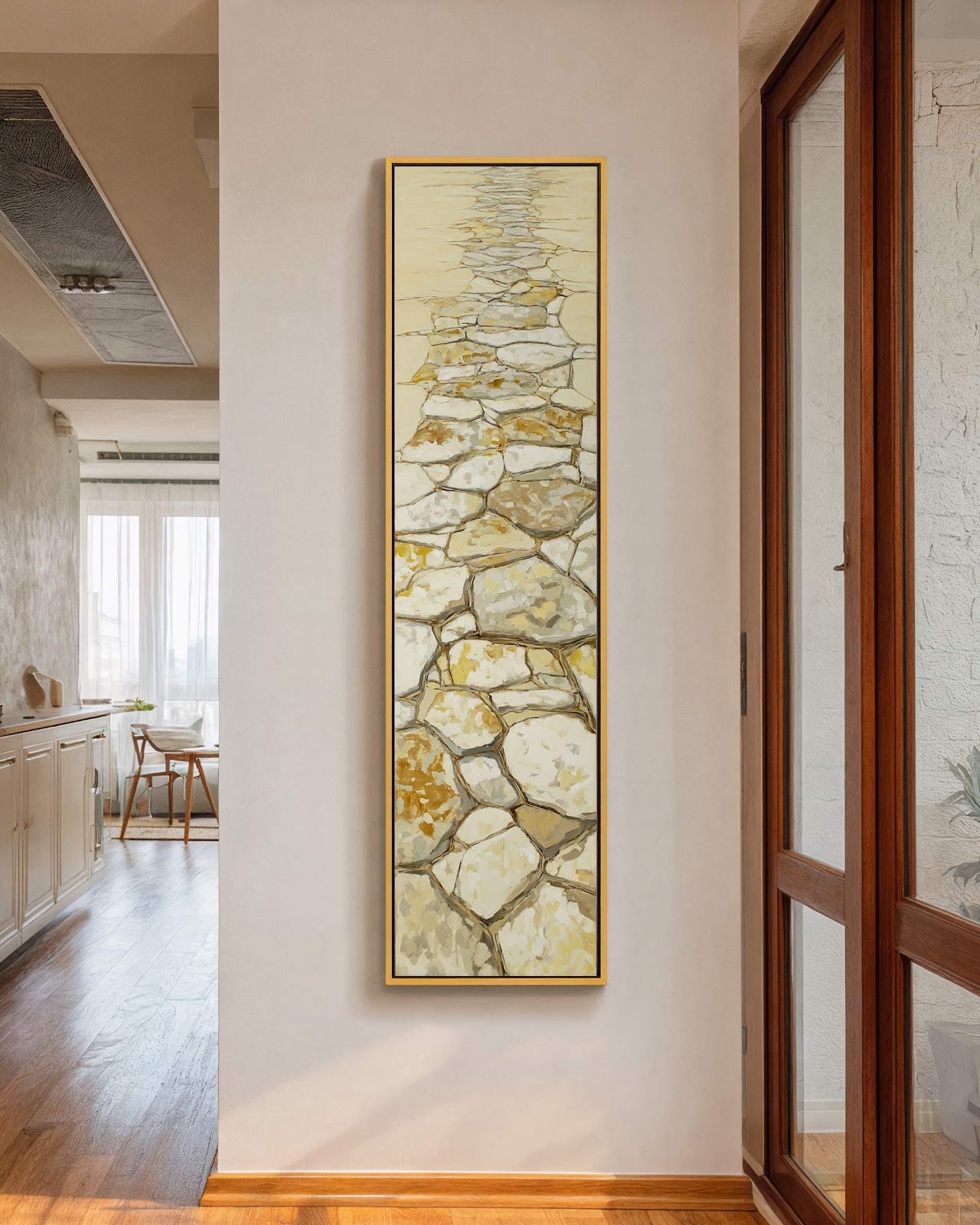 Vertical canvas wall art in interior setting.