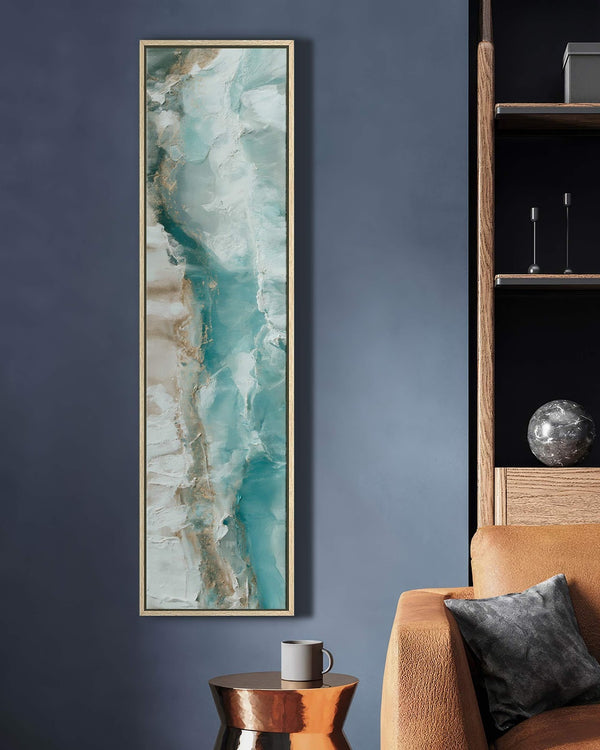 Vertical canvas wall art in interior setting.