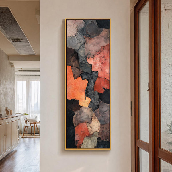 Vertical canvas wall art in interior setting.