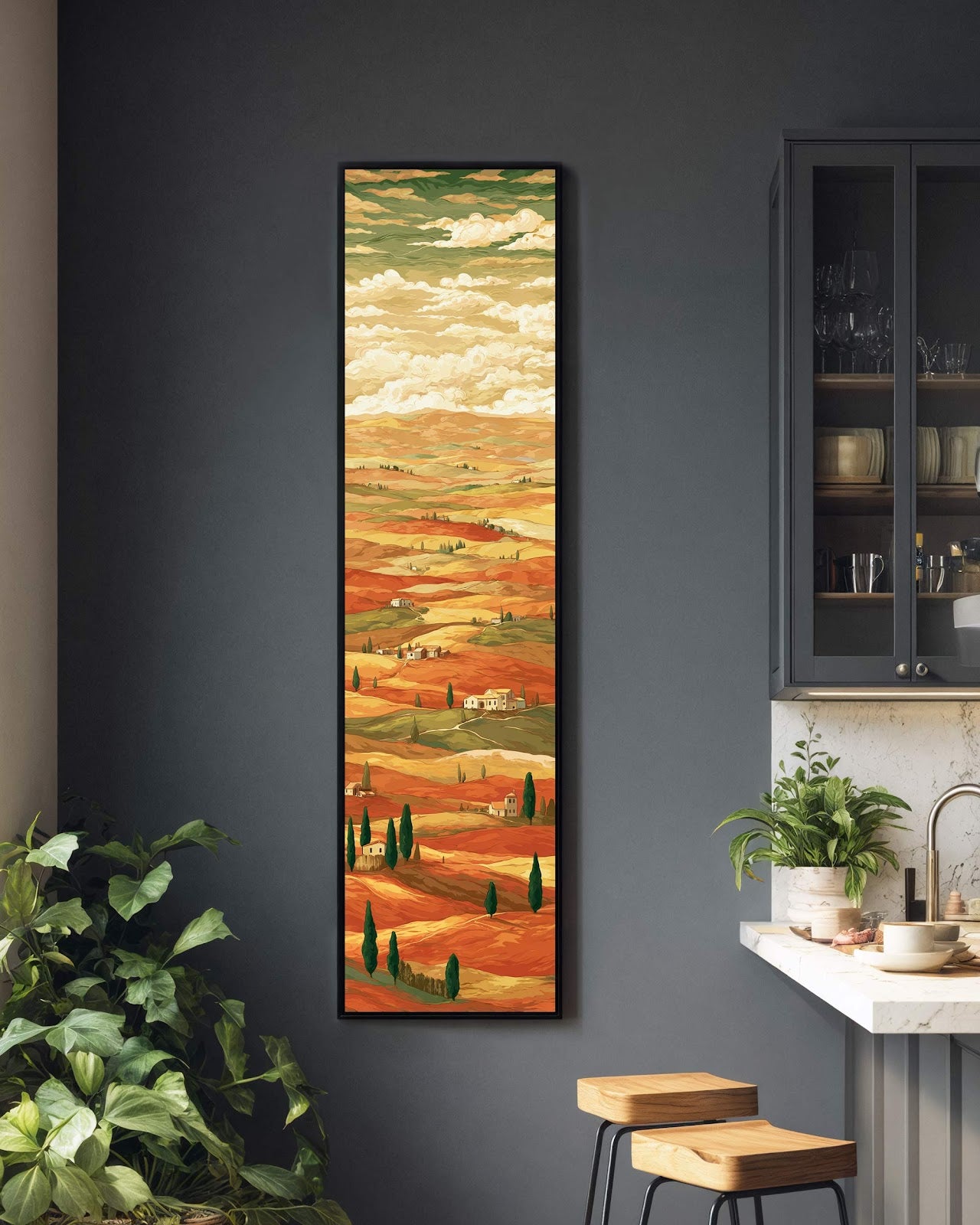 Vertical canvas wall art in interior setting.