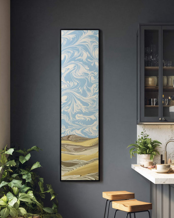 Vertical canvas wall art in interior setting.