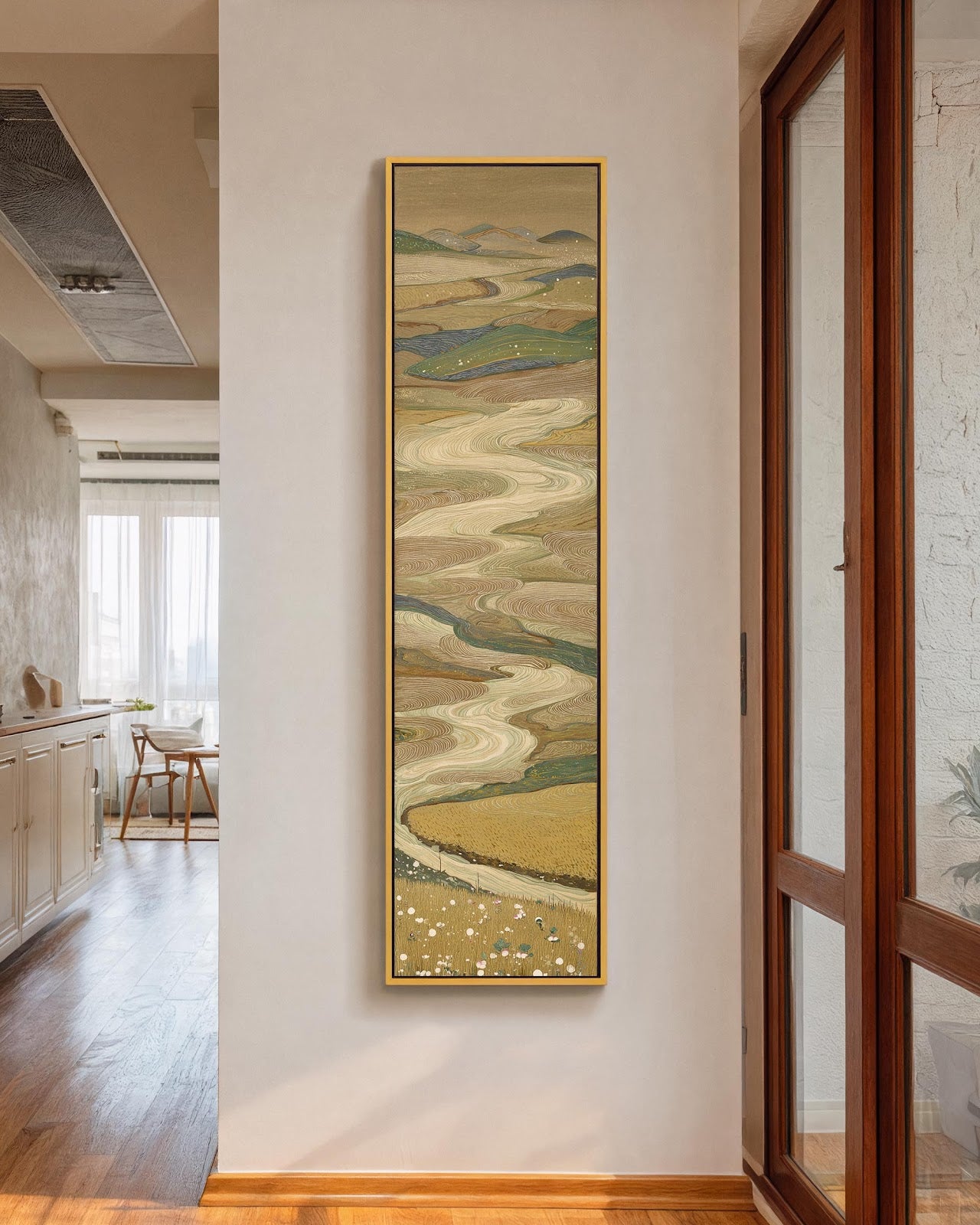 Vertical canvas wall art in interior setting.