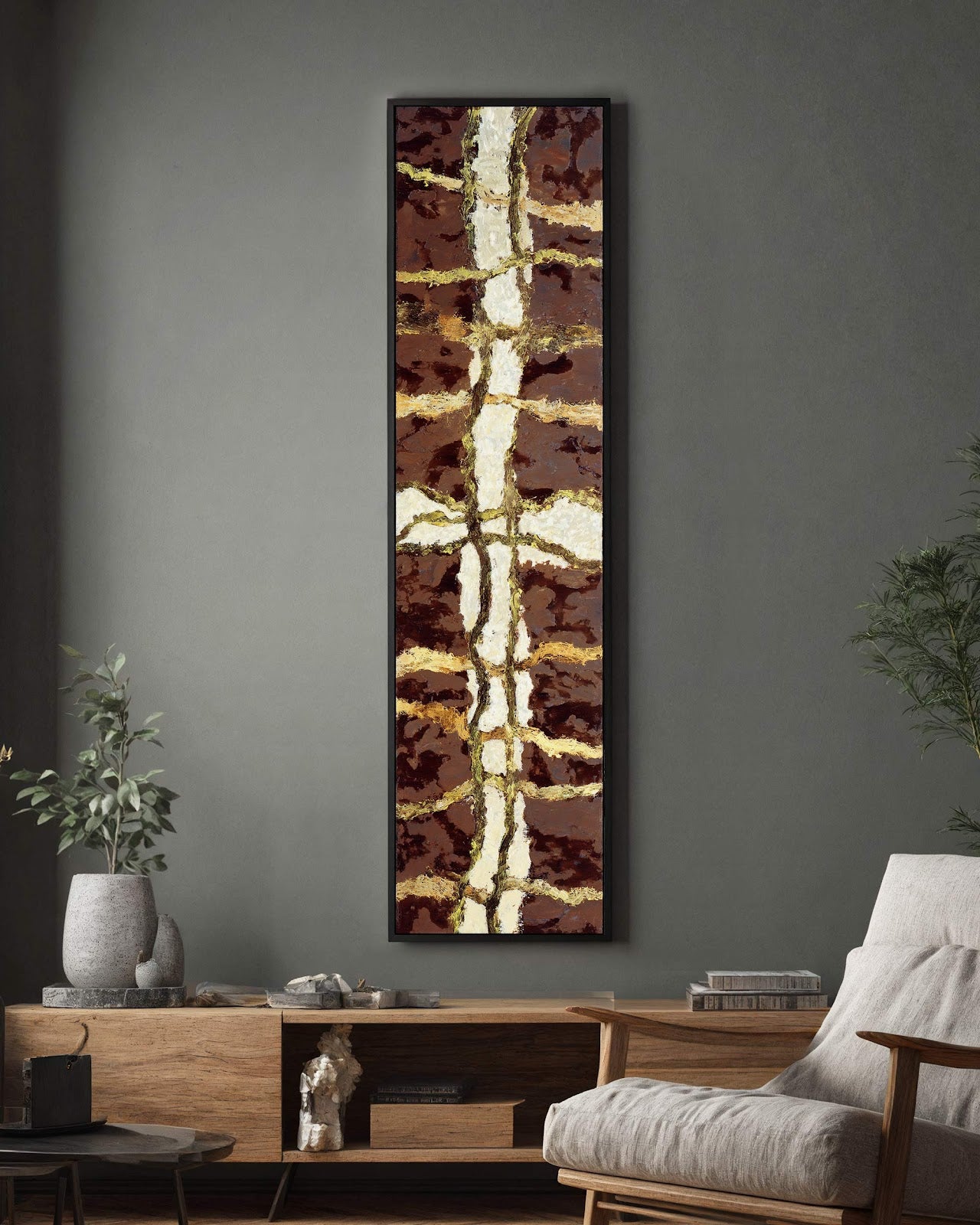 Vertical canvas wall art in interior setting.