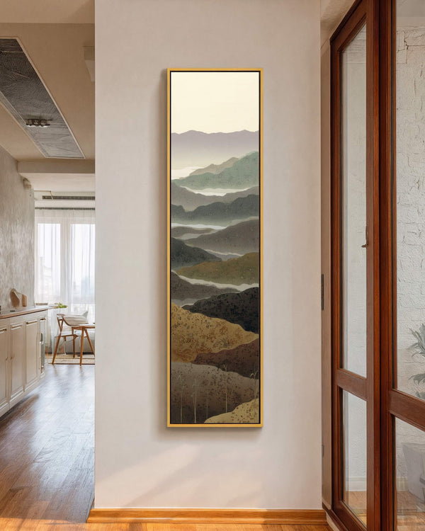 Vertical canvas wall art in interior setting.