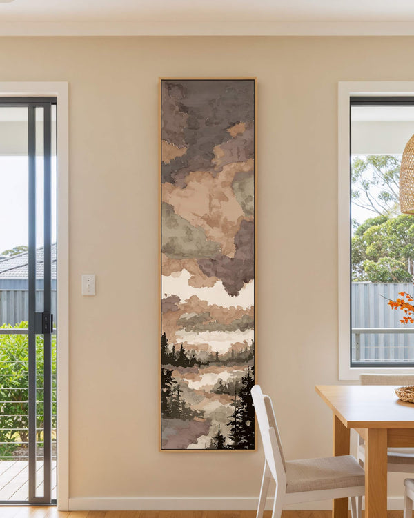 Vertical canvas wall art in interior setting.