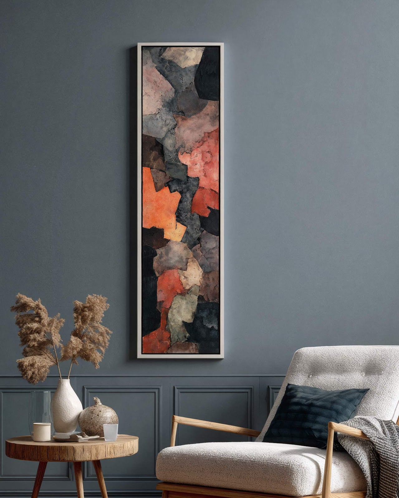 Vertical canvas wall art in interior setting.