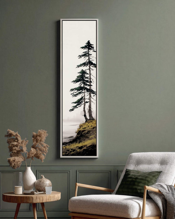 Vertical canvas wall art in interior setting.
