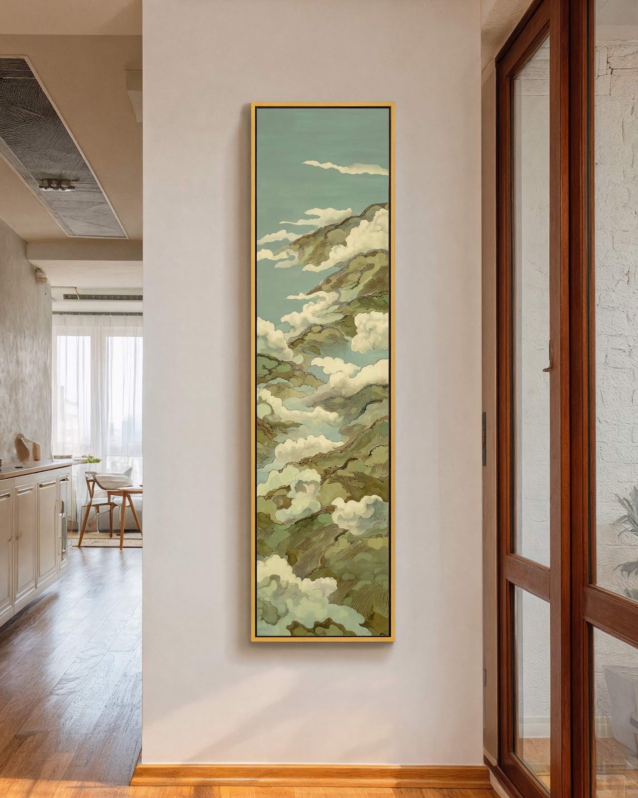 Vertical canvas wall art in interior setting.