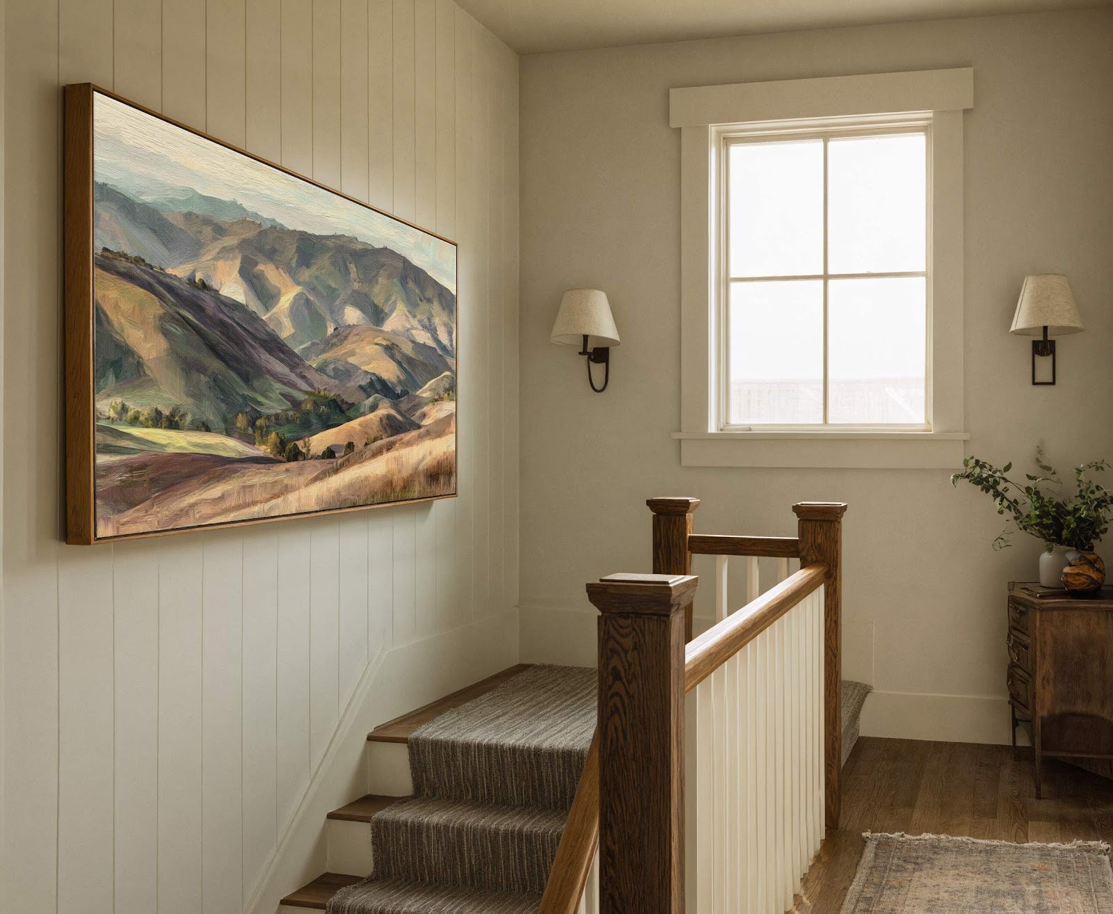 This horizontal canvas wall art features an impressionistic landscape with a palette of greens, blues, and earthy tones, displayed in a natural wood floater frame on a wall with vertical.