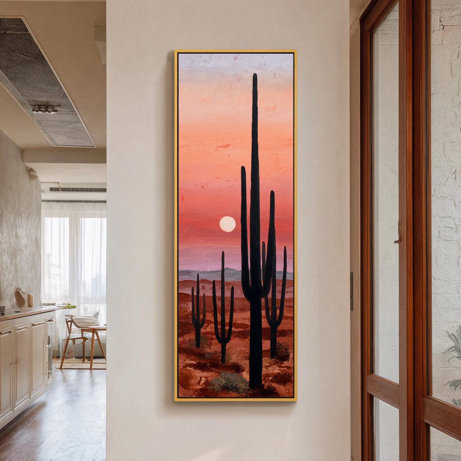 Vertical canvas wall art in interior setting.