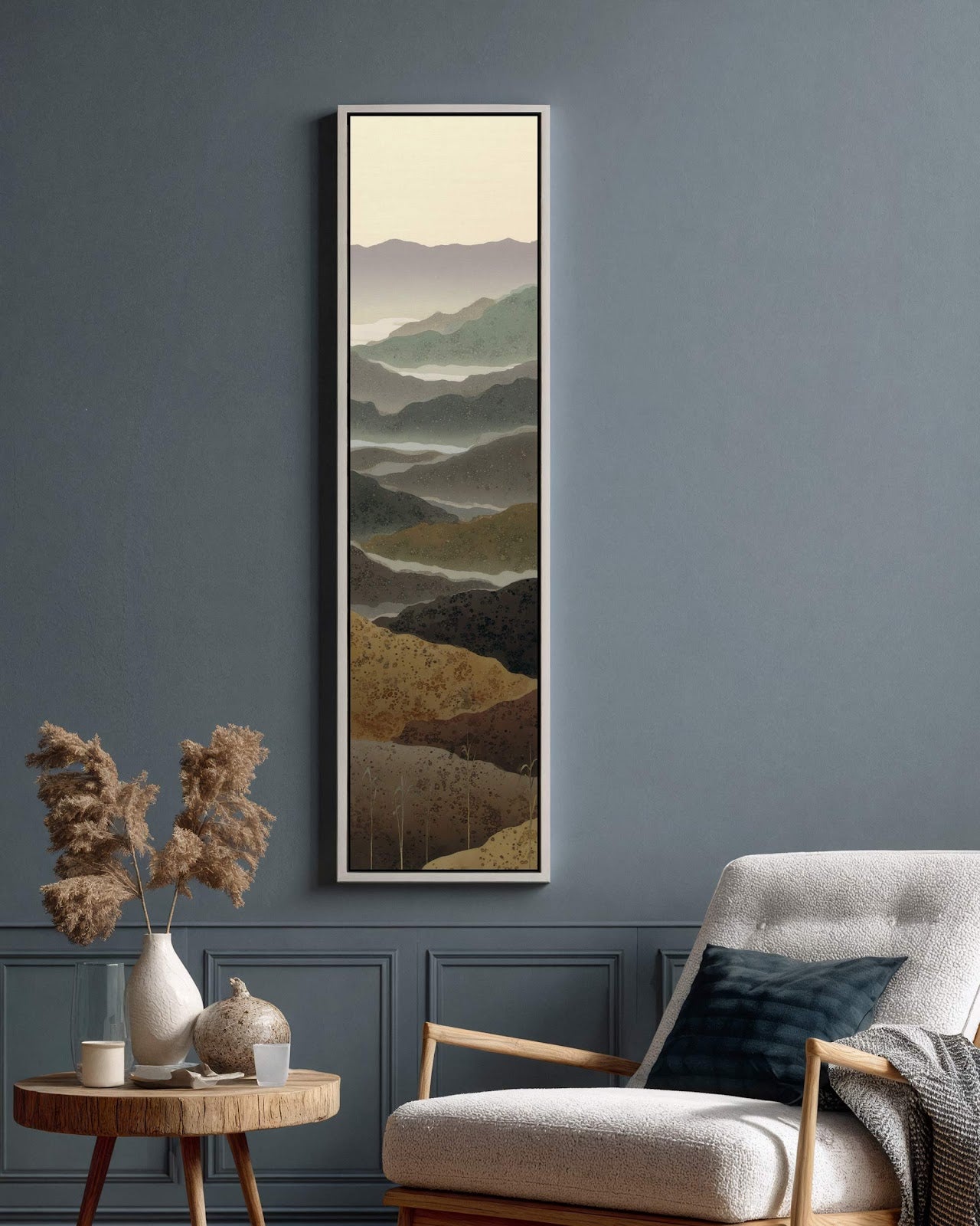 Vertical canvas wall art in interior setting.