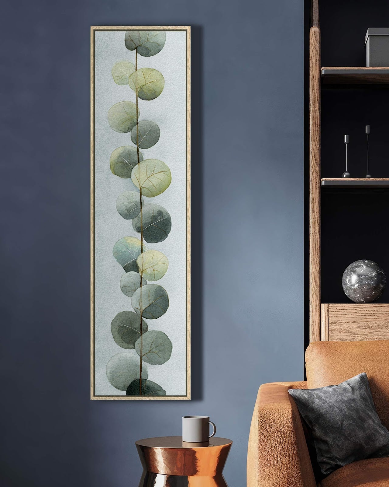 Vertical canvas wall art in interior setting.