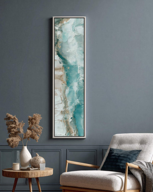 Vertical canvas wall art in interior setting.