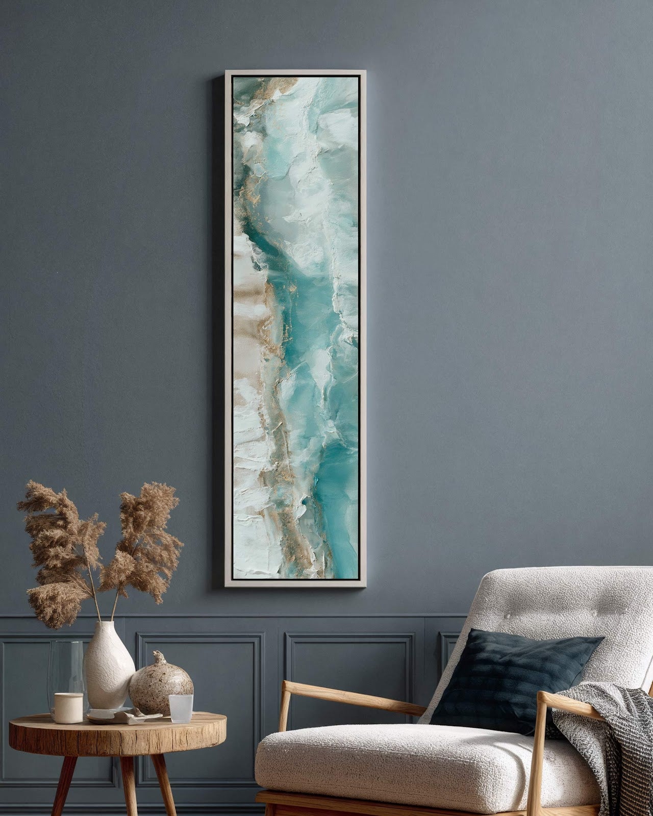 Vertical canvas wall art in interior setting.