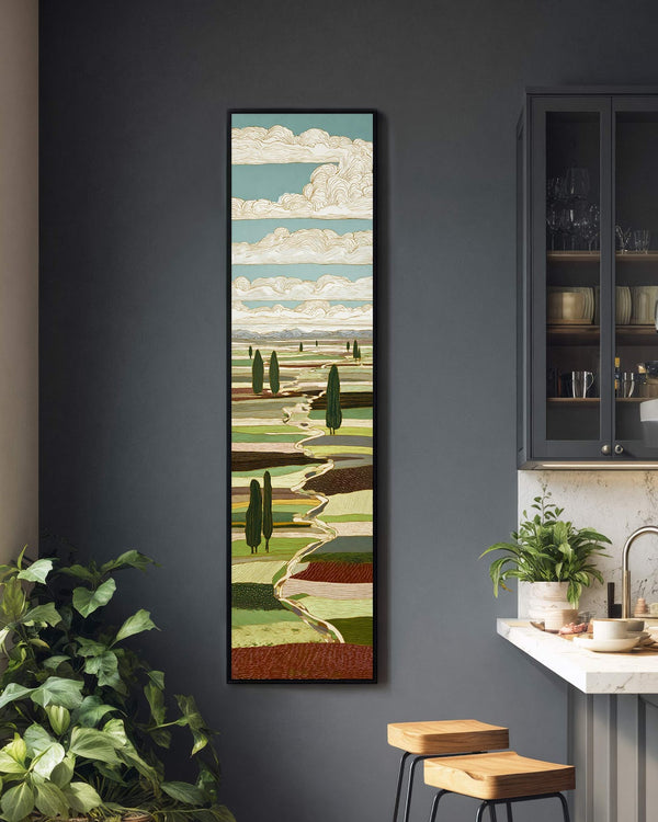 Vertical canvas wall art in interior setting.