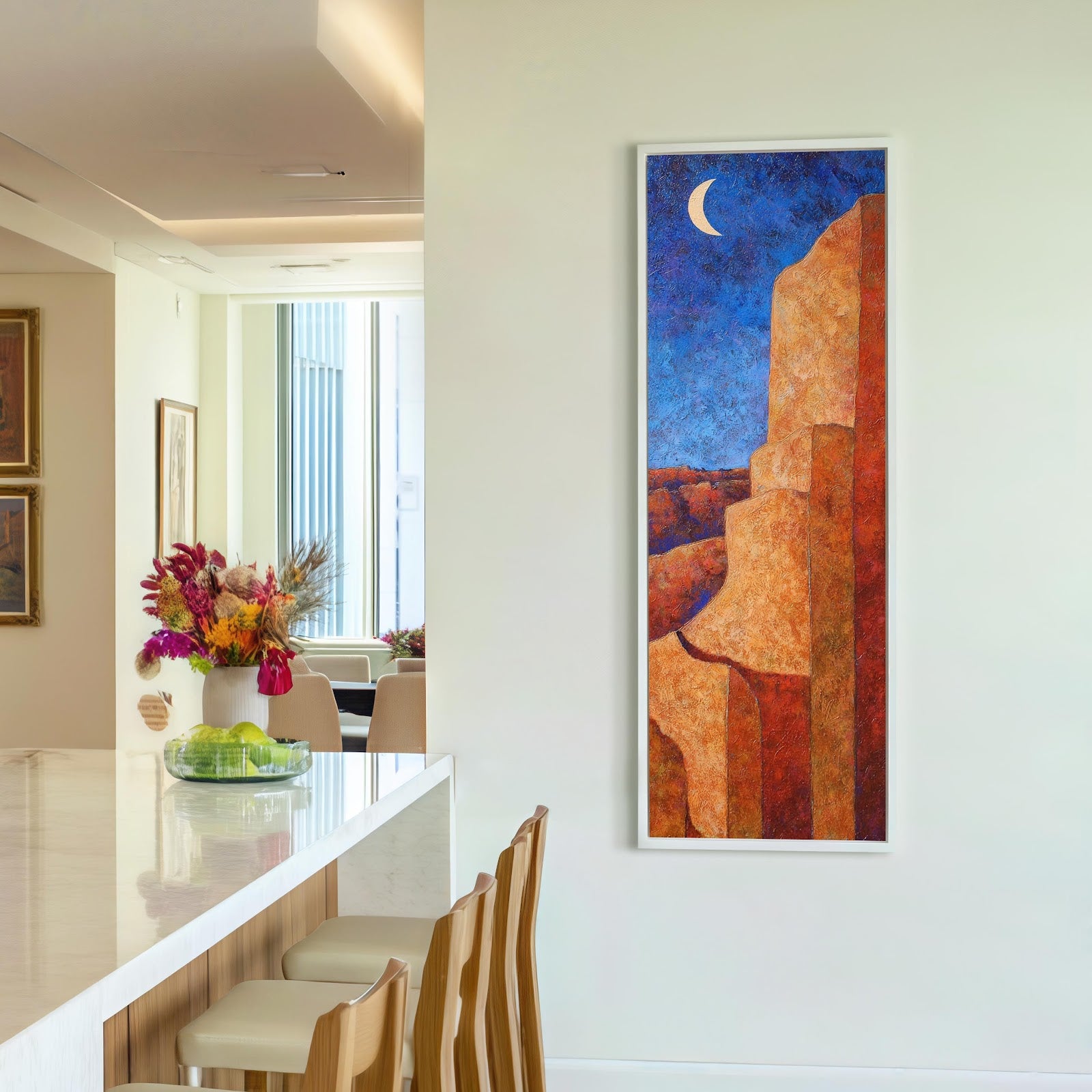 Vertical canvas wall art in interior setting.