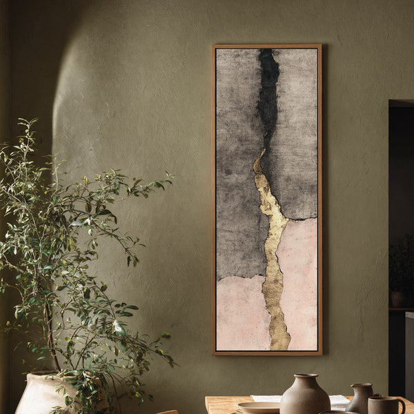 Vertical canvas wall art in interior setting.
