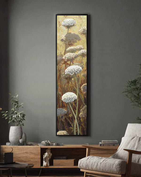 Vertical canvas wall art in interior setting.