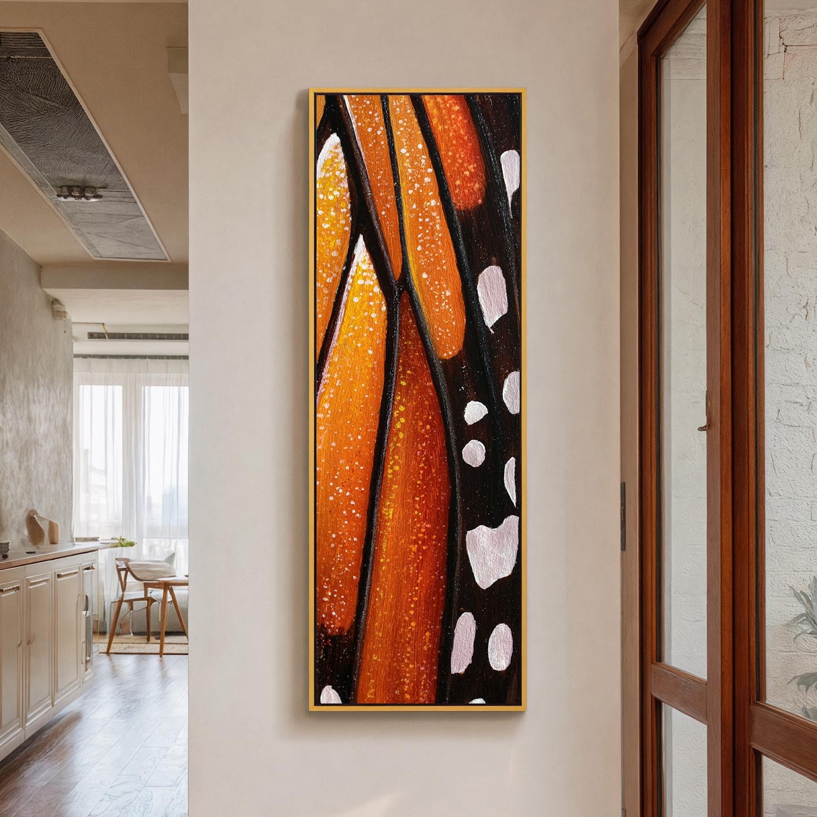 Vertical canvas wall art in interior setting.