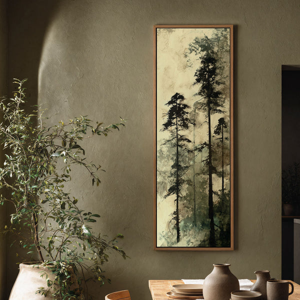 Vertical canvas wall art in interior setting.