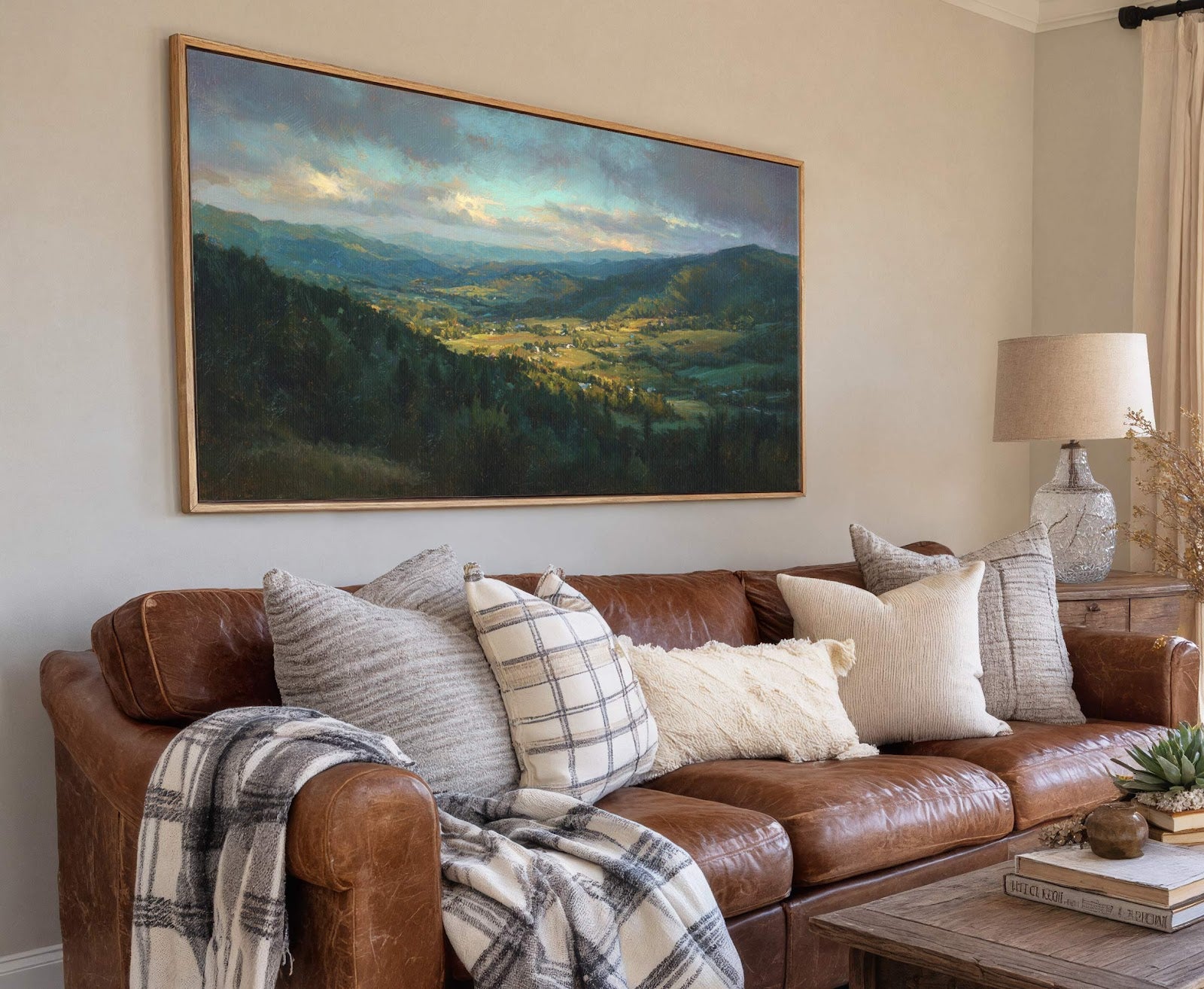 This horizontal canvas wall art features a realistic landscape painting with a palette of greens and blues, depicting rolling hills and a village under a dramatic sky. It hangs on.