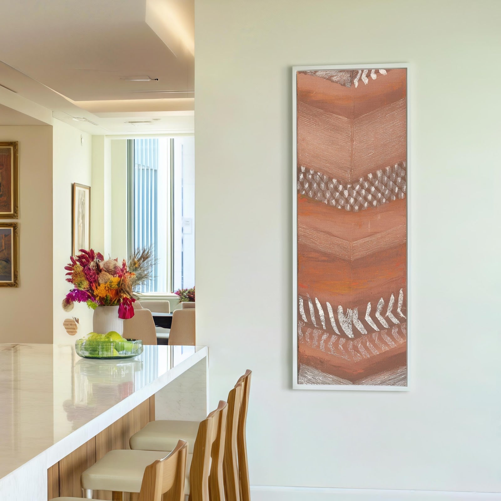 Vertical canvas wall art in interior setting.