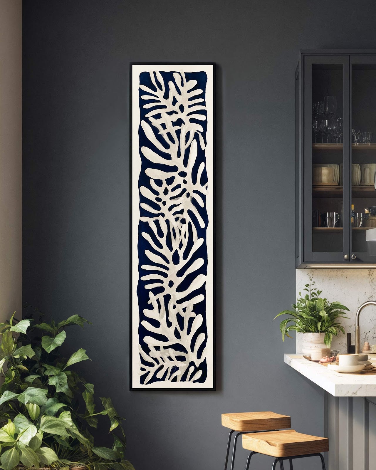 Vertical canvas wall art in interior setting.