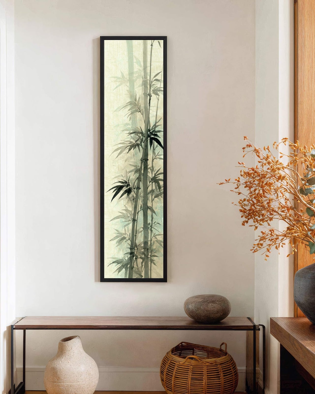 Vertical canvas wall art in interior setting.