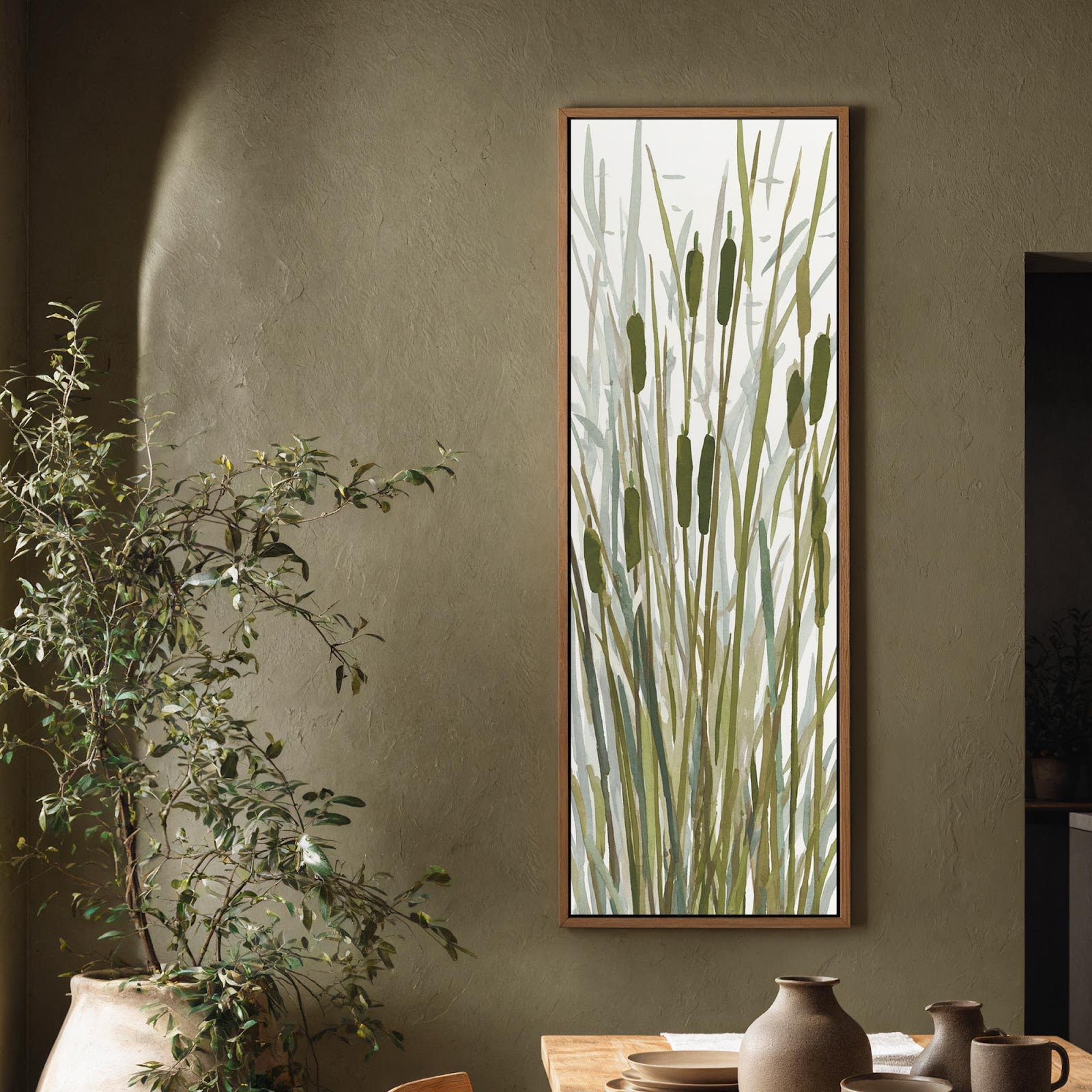 Vertical canvas wall art in interior setting.