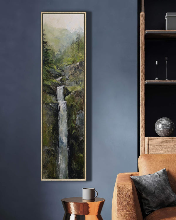 Vertical canvas wall art in interior setting.