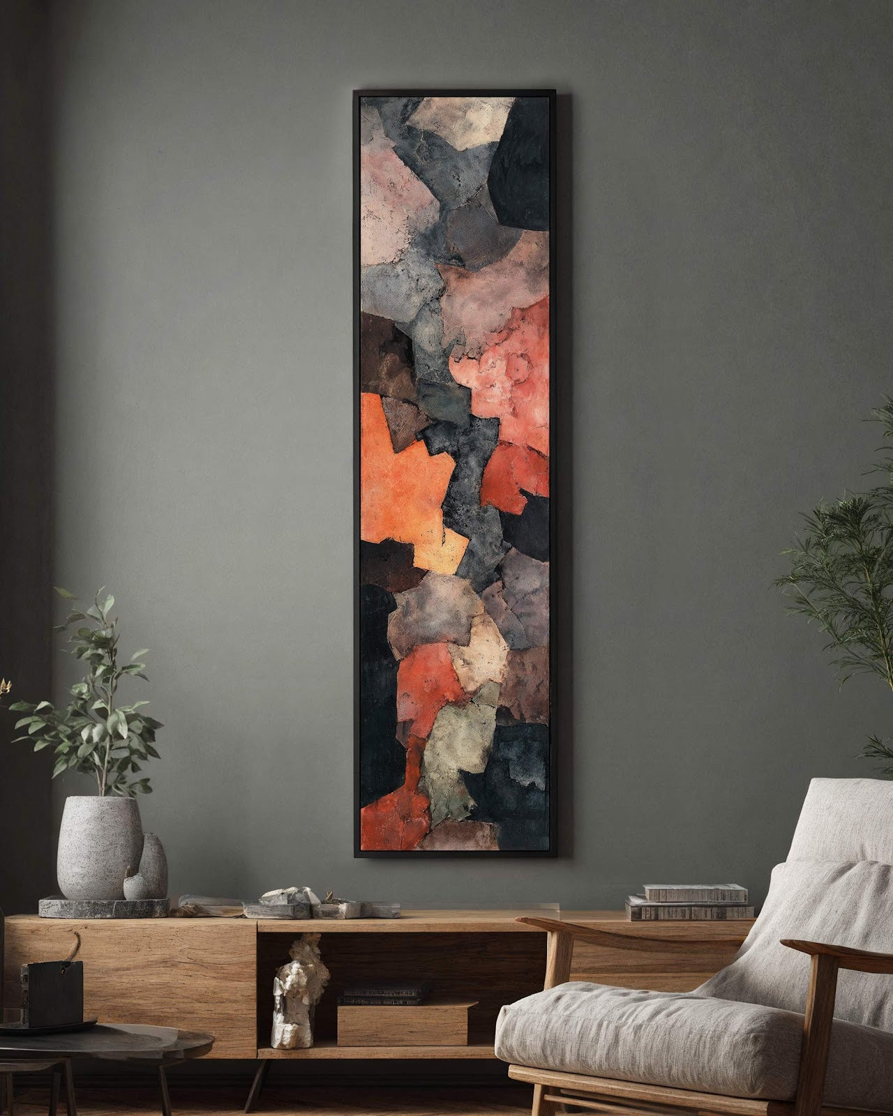 Vertical canvas wall art in interior setting.