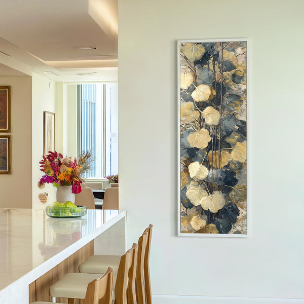 Vertical canvas wall art in interior setting.