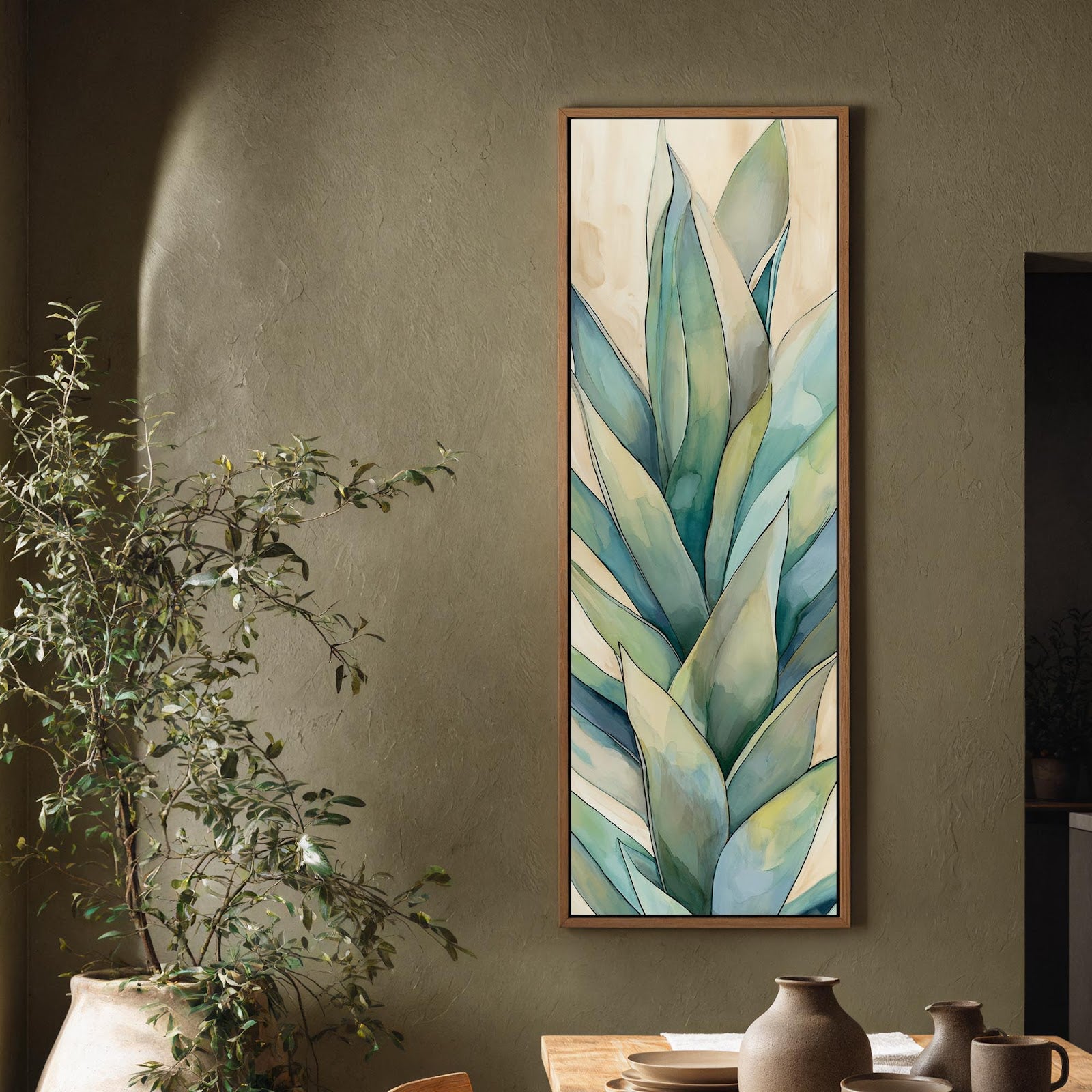 Vertical canvas wall art in interior setting.