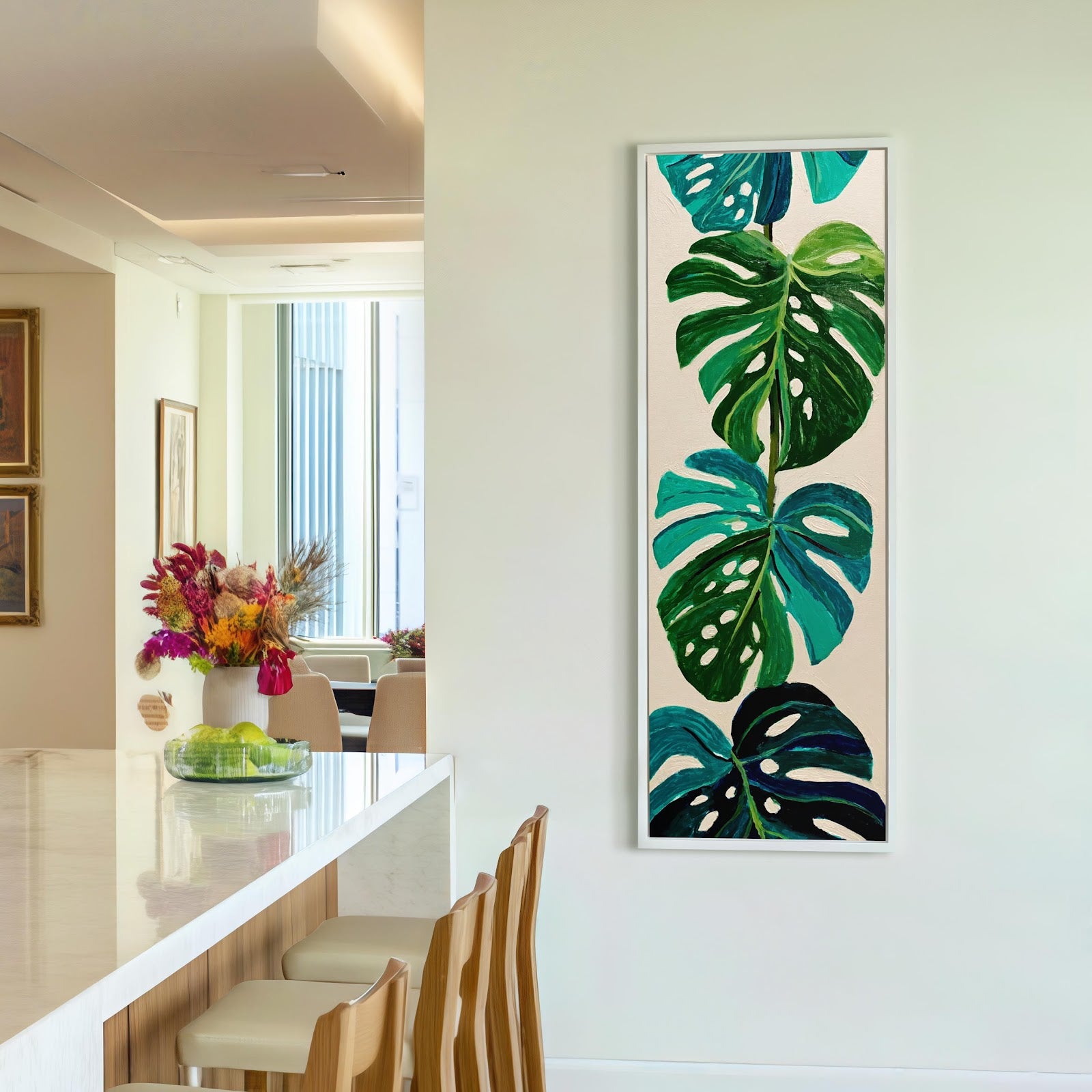 Vertical canvas wall art in interior setting.