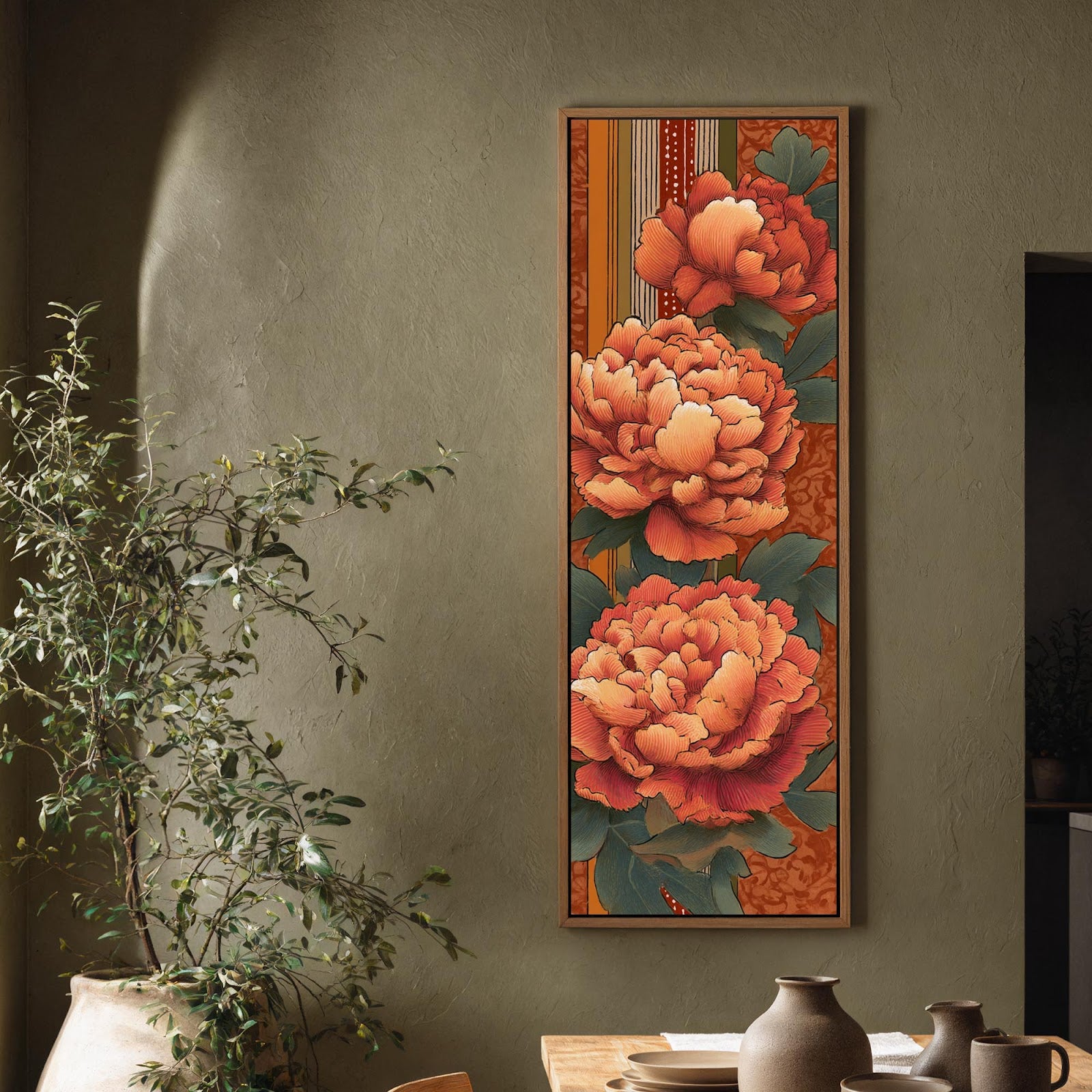 Vertical canvas wall art in interior setting.