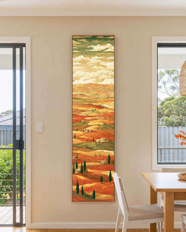 Vertical canvas wall art in interior setting.