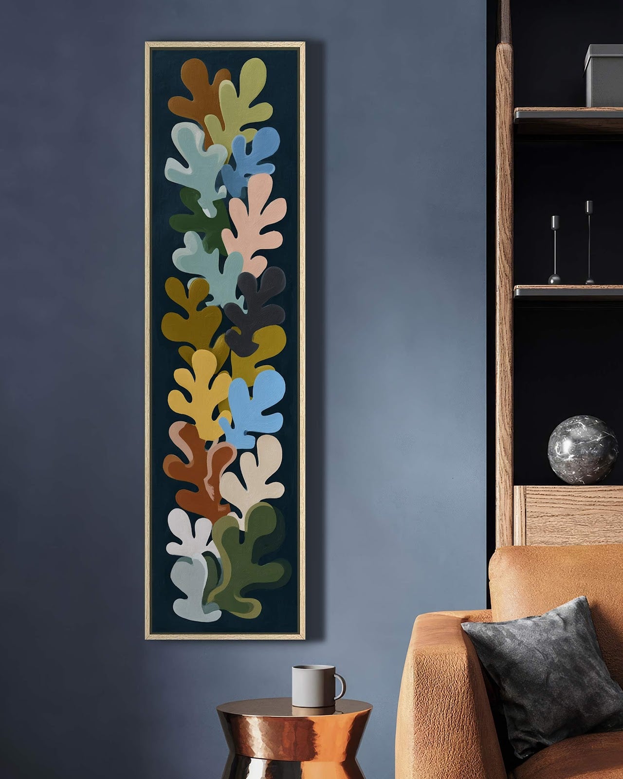 Vertical canvas wall art in interior setting.