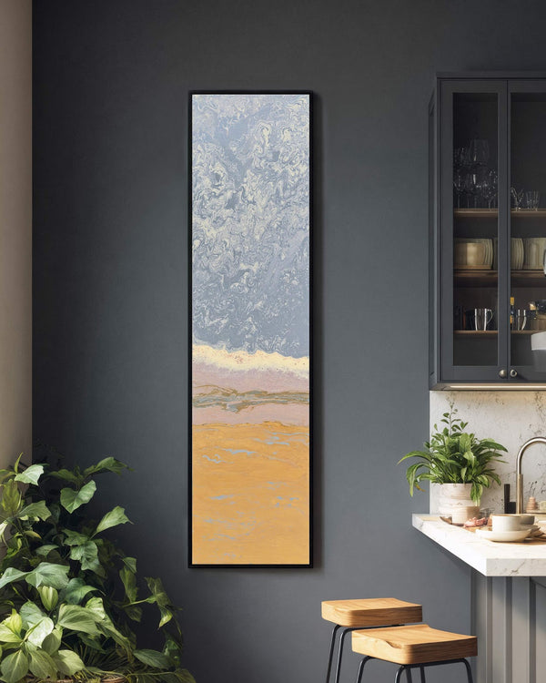 Vertical canvas wall art in interior setting.