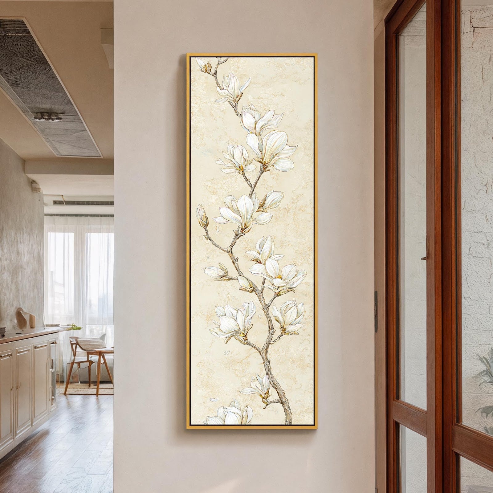 Vertical canvas wall art in interior setting.