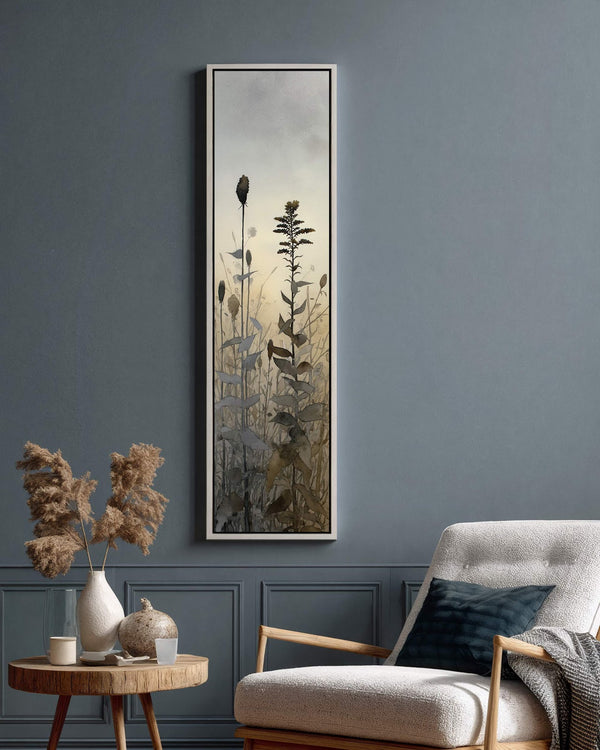 Vertical canvas wall art in interior setting.