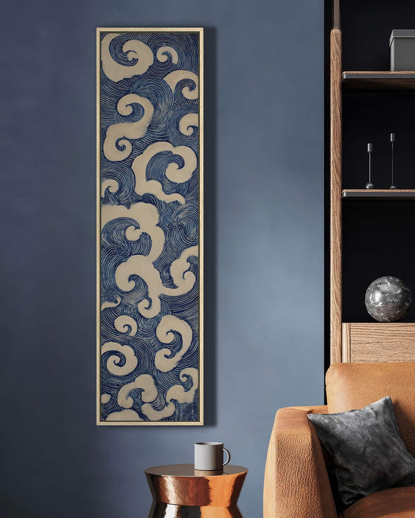 Vertical canvas wall art in interior setting.