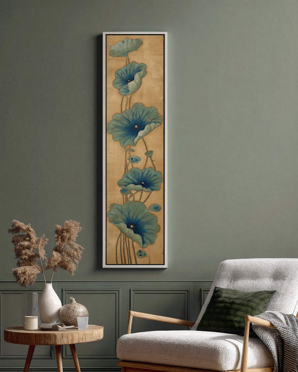 Vertical canvas wall art in interior setting.