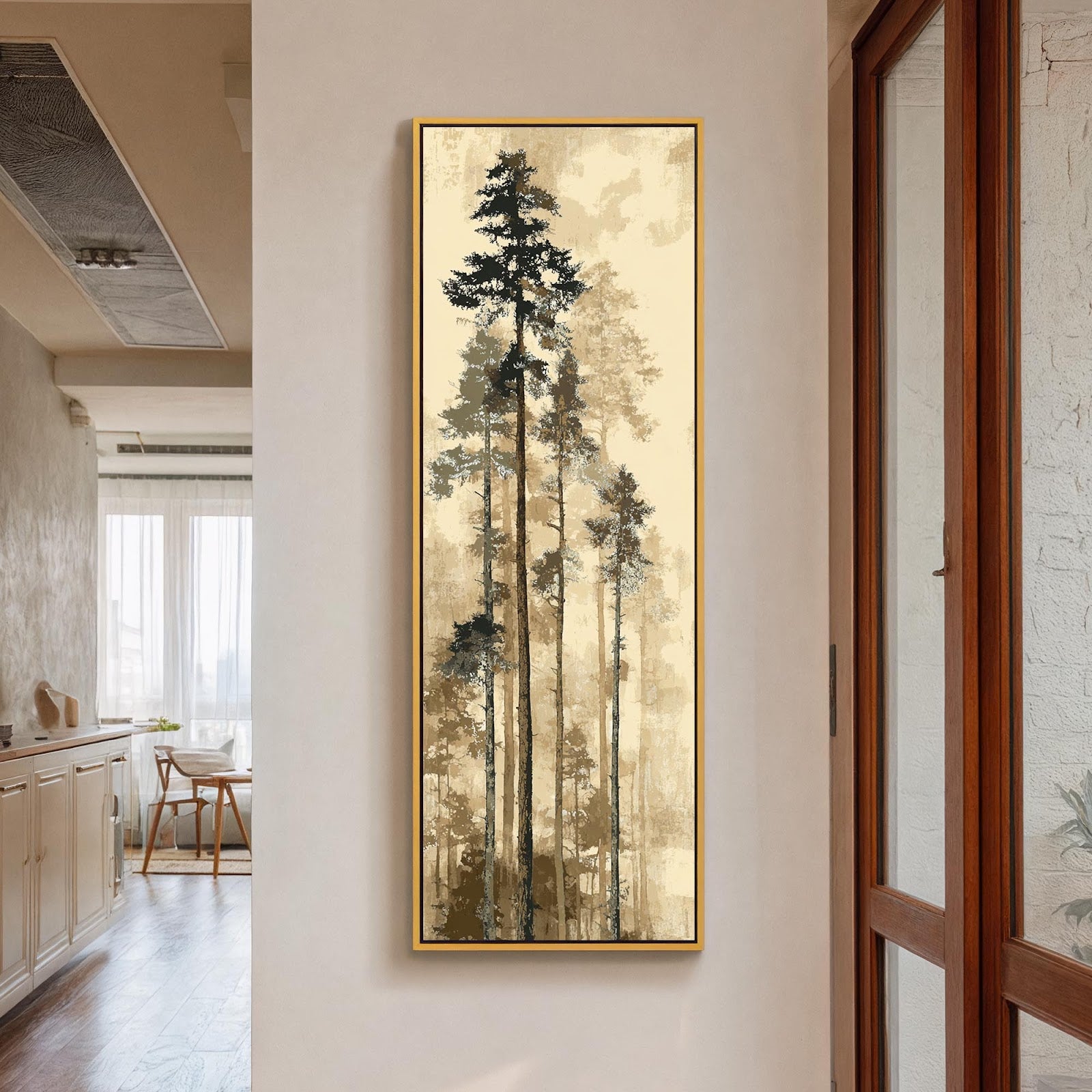 Vertical canvas wall art in interior setting.