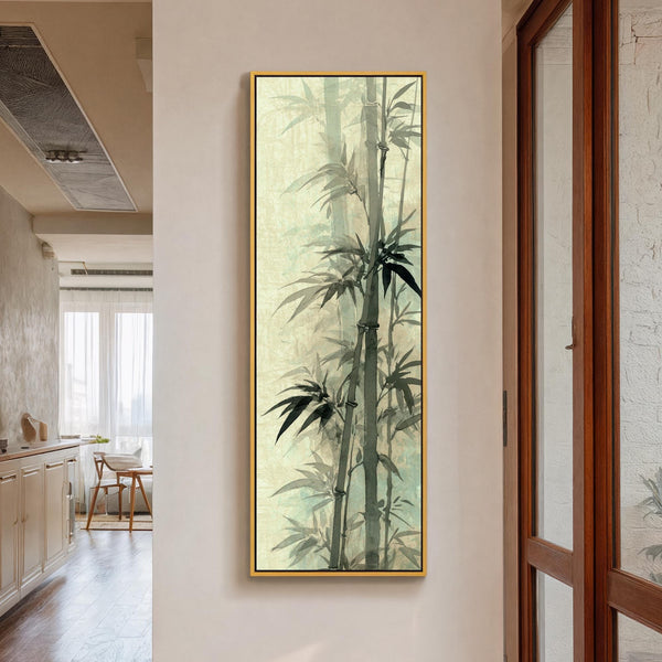 Vertical canvas wall art in interior setting.