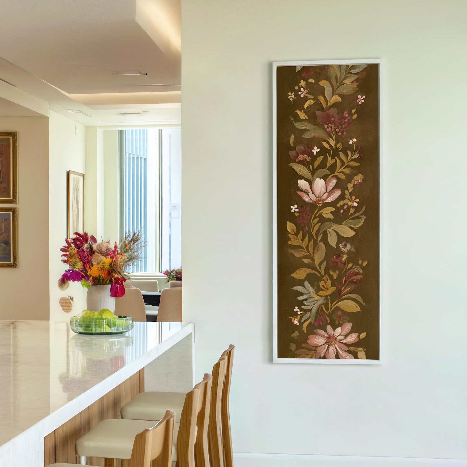 Vertical canvas wall art in interior setting.