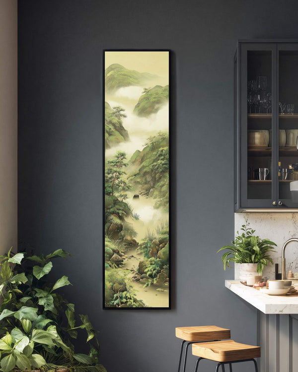 Vertical canvas wall art in interior setting.