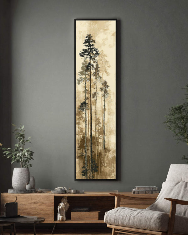 Vertical canvas wall art in interior setting.