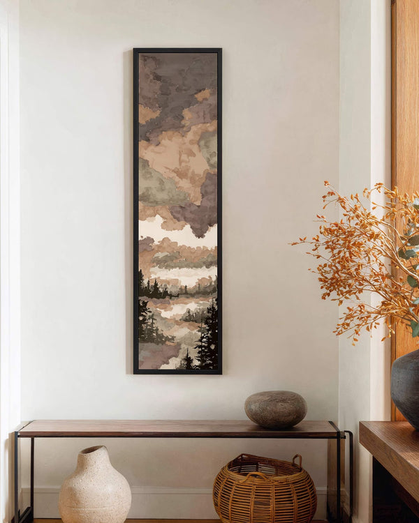 Vertical canvas wall art in interior setting.
